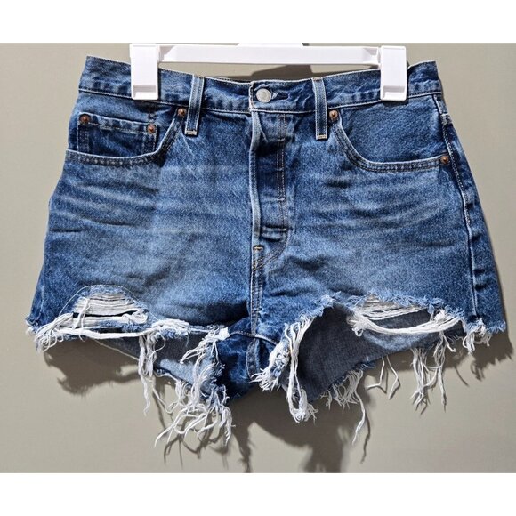 Levi's 501 Quiet Riot Blue High Rise Distressed Jean Shorts - Size 29W 3" Inseam - Picture 1 of 5
